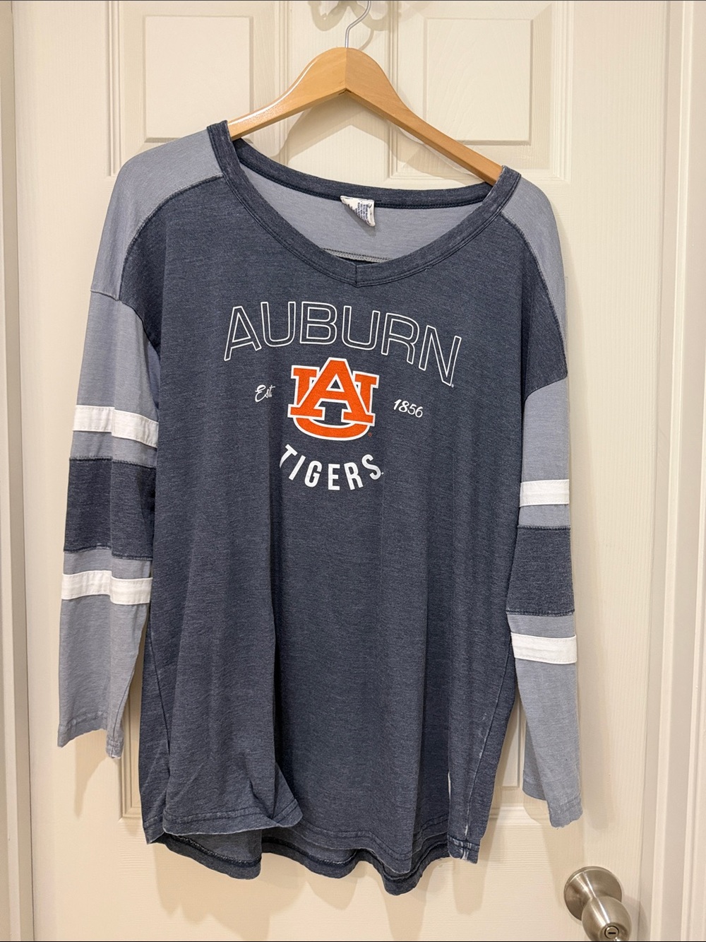 Pressbox Navy and Light Gray Crewneck Top with Stripes
